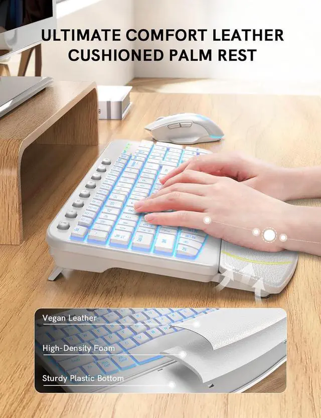 Alt view image 2 of 7 - Ergonomic Wireless Keyboard and Mouse Combo - Wave Keyboard with Soft Leather Wrist Rest, Resistant Keys, RGB Backlit Rechargeable Set for PC/Mac/Chromebook (White)