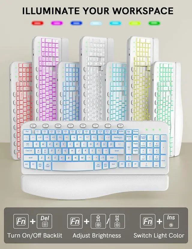 Alt view image 3 of 7 - Ergonomic Wireless Keyboard and Mouse Combo - Wave Keyboard with Soft Leather Wrist Rest, Resistant Keys, RGB Backlit Rechargeable Set for PC/Mac/Chromebook (White)