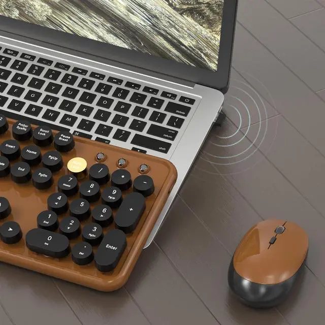 Alt view image 4 of 6 - Colorful Wireless Computer Keyboard and Mouse Combo with Round Typewriter Keycaps, Retro Design, Power Switch, Ergonomic Design, 2.4GHz Wireless for Windows, Mac, PC(Black-Brown)