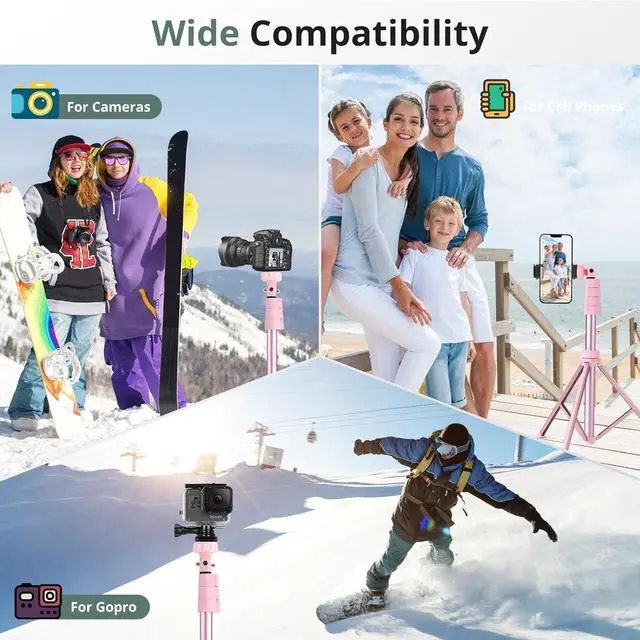 Alt view image 3 of 6 - 72" Phone Tripod & Selfie Stick, Extendable Cell Phone Tripod Stand with Wireless Remote and Phone Holder, Compatible with iPhone Android Phone, Camera, Pink