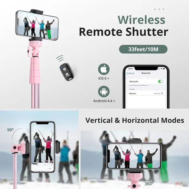 Alt view image 6 of 6 - 72" Phone Tripod & Selfie Stick, Extendable Cell Phone Tripod Stand with Wireless Remote and Phone Holder, Compatible with iPhone Android Phone, Camera, Pink