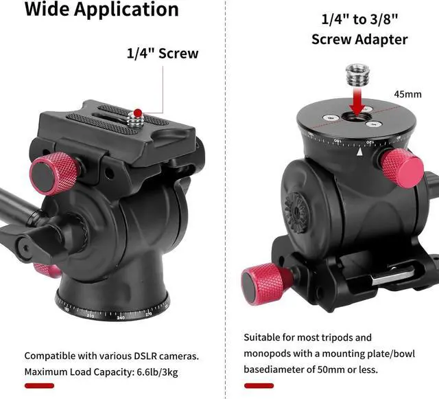 Alt view image 4 of 7 - Tripod Fluid Head Pan Tilt Head with Arca Type Quick Release Plate and Handle, Metal Panorama Head with Scaled Base for Compact Video Camera DSLR Camera, Load up to 6.6lb, V502