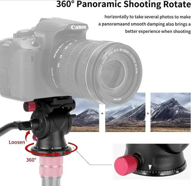 Alt view image 2 of 7 - Tripod Fluid Head Pan Tilt Head with Arca Type Quick Release Plate and Handle, Metal Panorama Head with Scaled Base for Compact Video Camera DSLR Camera, Load up to 6.6lb, V502