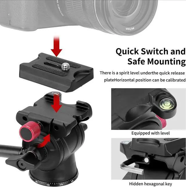 Alt view image 6 of 7 - Tripod Fluid Head Pan Tilt Head with Arca Type Quick Release Plate and Handle, Metal Panorama Head with Scaled Base for Compact Video Camera DSLR Camera, Load up to 6.6lb, V502