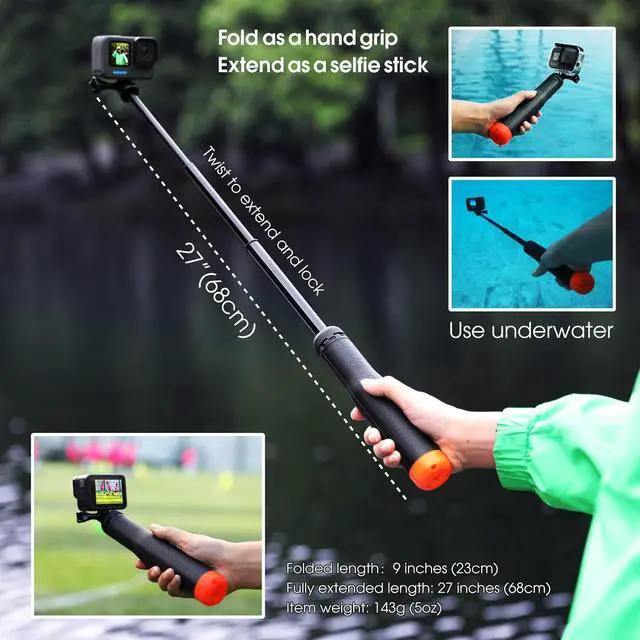 Alt view image 5 of 6 - 4in1 Floating Selfie Stick Tripod for GoPro Hero 13 12 11 10 9 8 7 6 5 4 3, Max, AKASO, Osmo Action 3/4/5 Pro Camera - As Waterproof Extension Monopod Pole Floating Handle Grip Tripod Stand