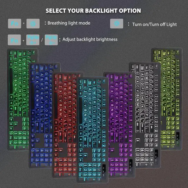 Alt view image 5 of 7 - for Backlit Large Print Wireless Keyboard and Mouse Combo, 2.4G Full Size Keyboards with Light Up Large Keys, Oversize Letters Keys Easy to See and Type, Quiet Keyboard Mouse for Windows, Laptop, PC