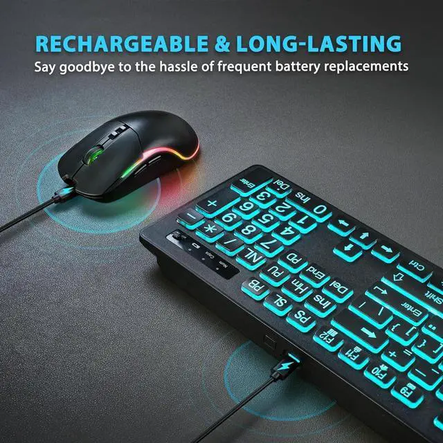 Alt view image 3 of 7 - for Backlit Large Print Wireless Keyboard and Mouse Combo, 2.4G Full Size Keyboards with Light Up Large Keys, Oversize Letters Keys Easy to See and Type, Quiet Keyboard Mouse for Windows, Laptop, PC