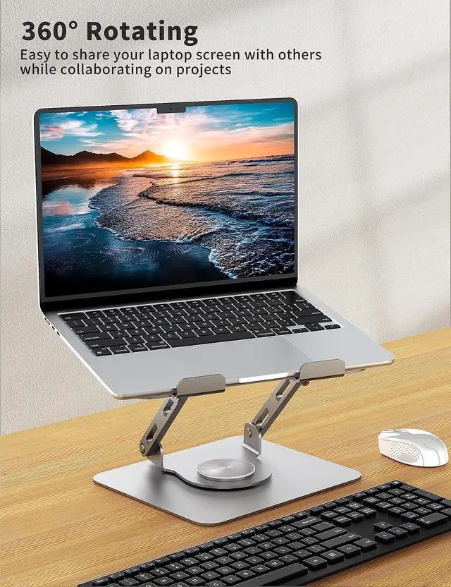 Alt view image 2 of 7 - Laptop Stand with 360° Rotating Base, Ergonomic Computer Riser for Desk, Adjutable Height Muti-Angle, Foldable Laptop Mount, Stable Metal Holder Support 10-15.6" Notebook PC, Silver Grey