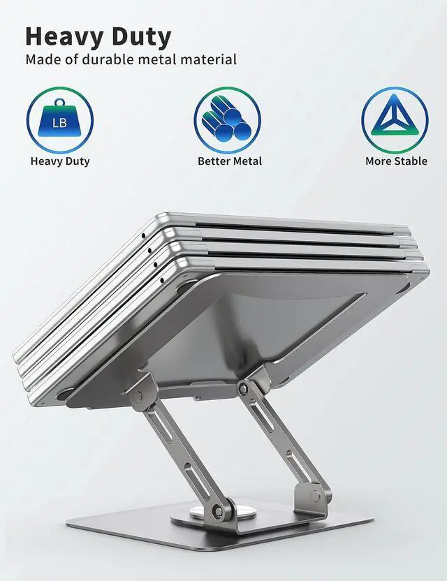 Alt view image 5 of 7 - Laptop Stand with 360° Rotating Base, Ergonomic Computer Riser for Desk, Adjutable Height Muti-Angle, Foldable Laptop Mount, Stable Metal Holder Support 10-15.6" Notebook PC, Silver Grey