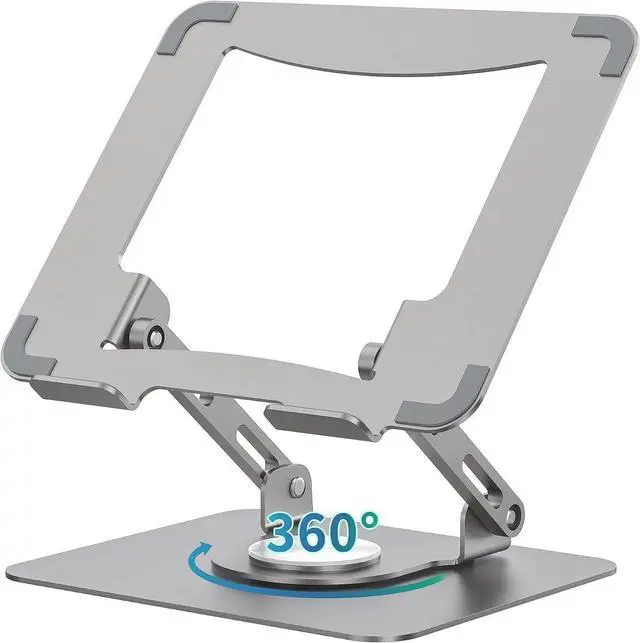 Main image of Laptop Stand with 360° Rotating Base, Ergonomic Computer Riser for Desk, Adjutable Height Muti-Angle, Foldable Laptop Mount, Stable Metal Holder Support 10-15.6" Notebook PC, Silver Grey