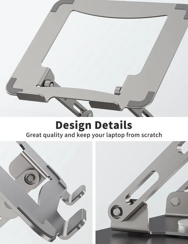 Alt view image 6 of 7 - Laptop Stand with 360° Rotating Base, Ergonomic Computer Riser for Desk, Adjutable Height Muti-Angle, Foldable Laptop Mount, Stable Metal Holder Support 10-15.6" Notebook PC, Silver Grey