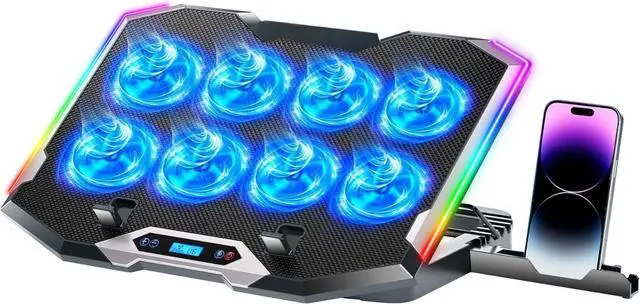 Main image of Gaming Laptop Cooling Pad with 8 Cooling Fans, Laptop Fan Cooler Pad for 15-17.3 Inch, Notebook Cooler Stand with 6 Height Adjustable, RGB Cooling Pad with Two USB Port + Phone Stand