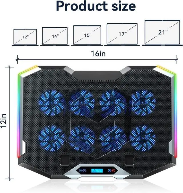 Alt view image 7 of 7 - Gaming Laptop Cooling Pad with 8 Cooling Fans, Laptop Fan Cooler Pad for 15-17.3 Inch, Notebook Cooler Stand with 6 Height Adjustable, RGB Cooling Pad with Two USB Port + Phone Stand