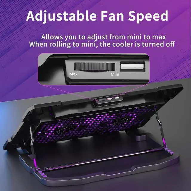 Alt view image 6 of 7 - Laptop Cooling Pad for 15.6 to 17.3 Inches PC Notebooks, 5 Fans Computer Cooler Stands with Purple Lights Desk Chiller Mat, S035