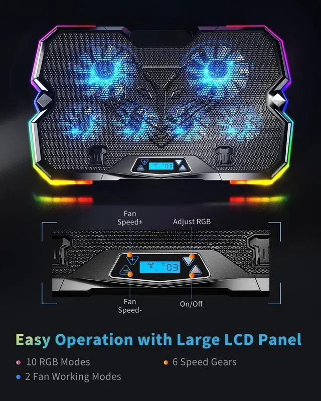 Alt view image 4 of 7 - Upgrade Laptop Cooling Pad A13,RGB Lights Laptop Cooler 6 Fans for up to 15.6 Inch Laptops,10 Modes Light, 7 Height Stands, 2 USB Ports - Blue
