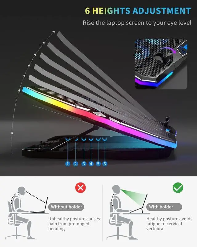 Alt view image 5 of 7 - Upgrade Laptop Cooling Pad A13,RGB Lights Laptop Cooler 6 Fans for up to 15.6 Inch Laptops,10 Modes Light, 7 Height Stands, 2 USB Ports - Blue