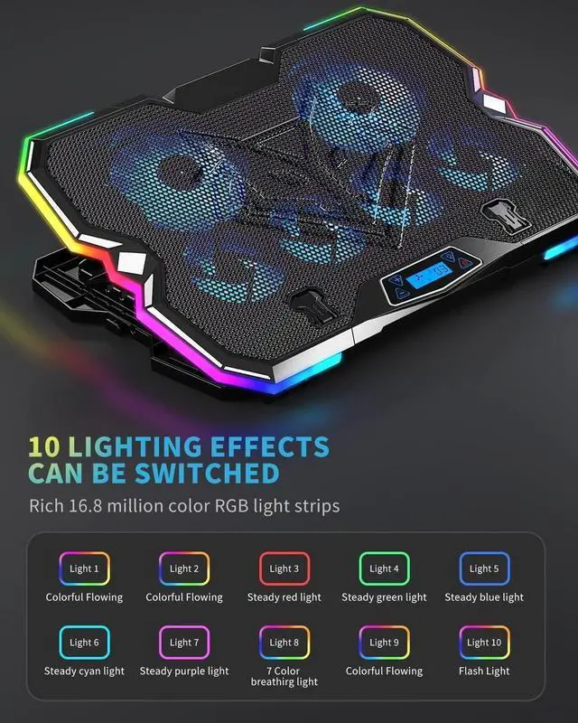 Alt view image 3 of 7 - Upgrade Laptop Cooling Pad A13,RGB Lights Laptop Cooler 6 Fans for up to 15.6 Inch Laptops,10 Modes Light, 7 Height Stands, 2 USB Ports - Blue