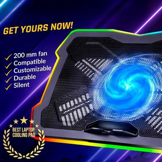 Alt view image 2 of 7 - Ultimate - RGB Laptop Cooling Pad with LED Rim - New - Gaming Laptop Cooler - USB Powered Fan - Very Stable and Silent Laptop Stand - Compatible up to 17" - PC Mac PS5 PS4 Xbox One