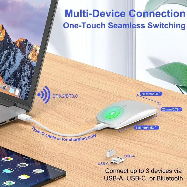 Alt view image 2 of 7 - FOR Bluetooth Wireless Mouse for MacBook Air Mac Pro iPad Laptop Computer Pad Optical Rechargeable Slim Silent Dual Mode (2.4G USB-C/USB-A&Bluetooth 5.2/3.0) Mouse Jiggler for Computer Awakening -