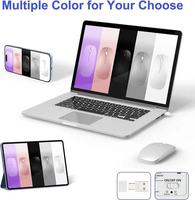 Alt view image 6 of 7 - FOR Bluetooth Wireless Mouse for MacBook Air Mac Pro iPad Laptop Computer Pad Optical Rechargeable Slim Silent Dual Mode (2.4G USB-C/USB-A&Bluetooth 5.2/3.0) Mouse Jiggler for Computer Awakening -