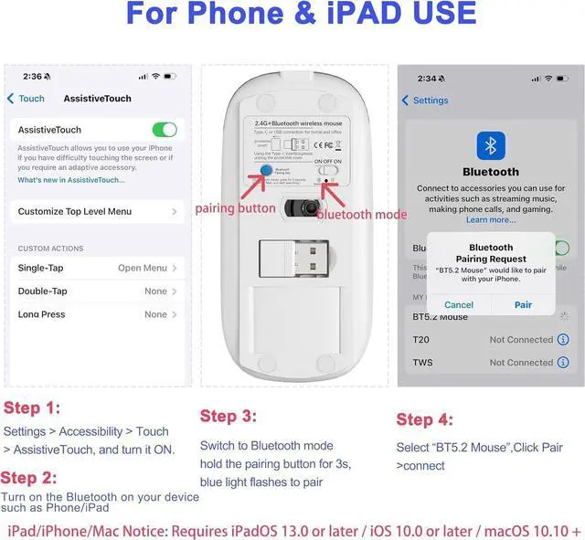 Alt view image 7 of 7 - FOR Bluetooth Wireless Mouse for MacBook Air Mac Pro iPad Laptop Computer Pad Optical Rechargeable Slim Silent Dual Mode (2.4G USB-C/USB-A&Bluetooth 5.2/3.0) Mouse Jiggler for Computer Awakening -