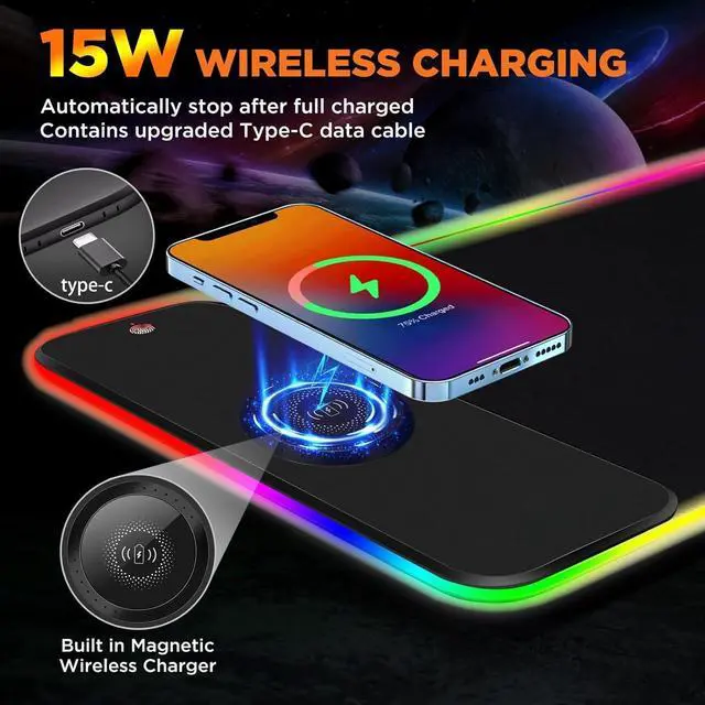 Alt view image 2 of 7 - RGB Gaming Mouse Pad,15W Wireless Charging Mousepad with 10 Light Modes, Large Mousepad with Premium Smooth Surface, Non-Slip Mouse Mat for Gaming, Desk, PC,Office, 31.5x11.8x0.16inch