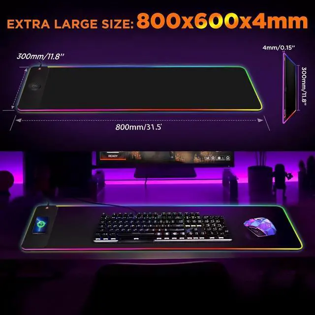 Alt view image 4 of 7 - RGB Gaming Mouse Pad,15W Wireless Charging Mousepad with 10 Light Modes, Large Mousepad with Premium Smooth Surface, Non-Slip Mouse Mat for Gaming, Desk, PC,Office, 31.5x11.8x0.16inch