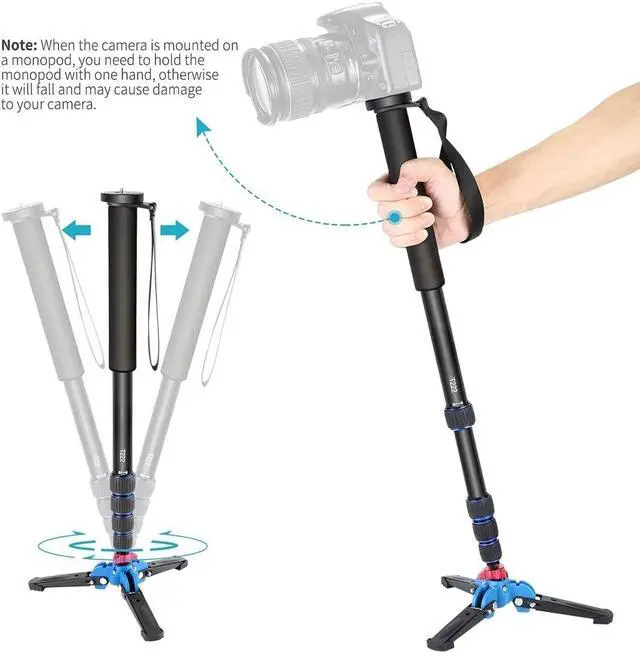 Alt view image 3 of 7 - Extendable Camera Monopod with Detachable and Foldable Stand Base: Aluminium Alloy, Height 52-168 cm for Nikon Sony DSLR; Maximum Load of 5 kg