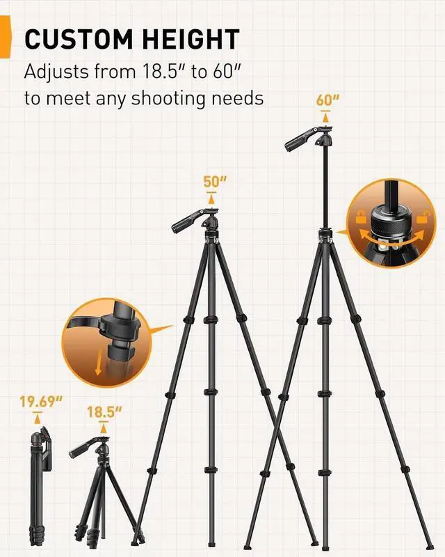 Alt view image 2 of 7 - Camera Tripod, 60 Portable and Height-Adjustable, Travel Tripod with 13.2 lbs Max Load, Phone Camera Stand Heavy Duty for Video Recording, PGIPE01