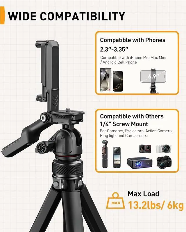 Alt view image 4 of 7 - Camera Tripod, 60 Portable and Height-Adjustable, Travel Tripod with 13.2 lbs Max Load, Phone Camera Stand Heavy Duty for Video Recording, PGIPE01
