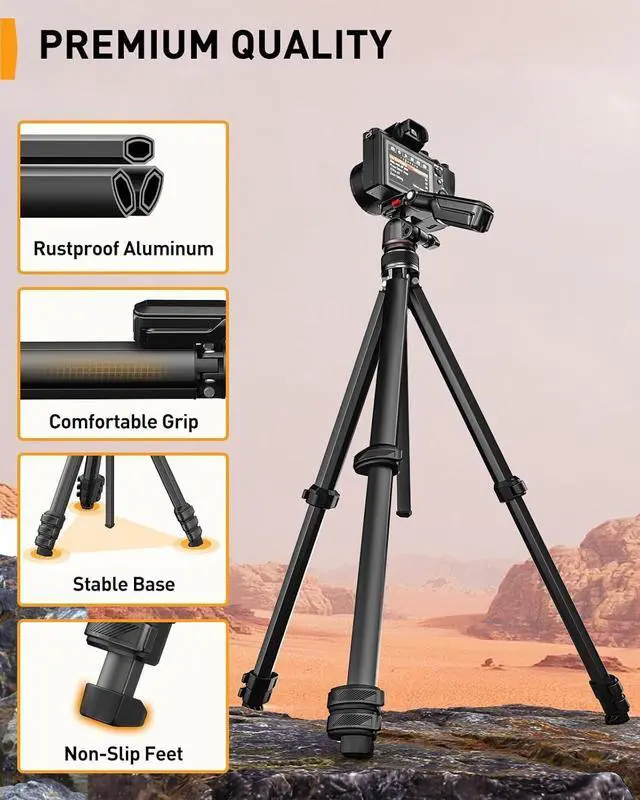 Alt view image 6 of 7 - Camera Tripod, 60 Portable and Height-Adjustable, Travel Tripod with 13.2 lbs Max Load, Phone Camera Stand Heavy Duty for Video Recording, PGIPE01