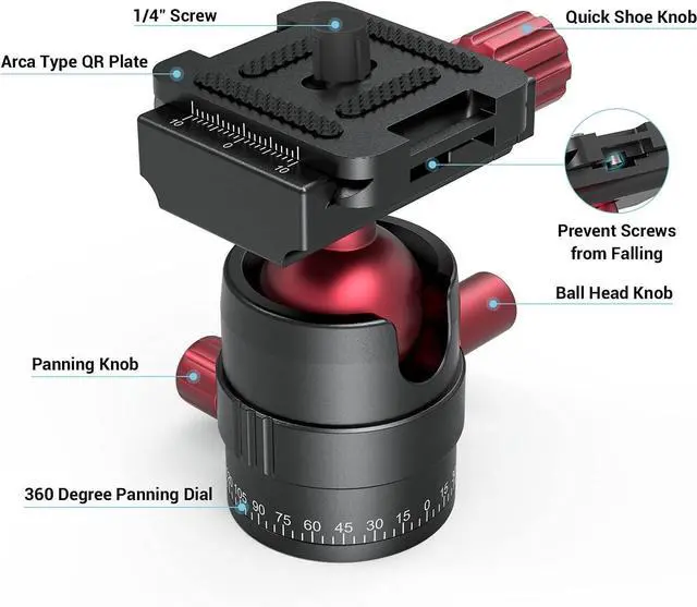Alt view image 3 of 7 - Tripod Ball Head 360 Degree Rotating Panoramic Ballhead with 1/4 inch Quick Shoe Plate, Max Load up to 5 kg/ 11lb, for Tripod Monopod Slider DSLR Camera Camcorder - 3034