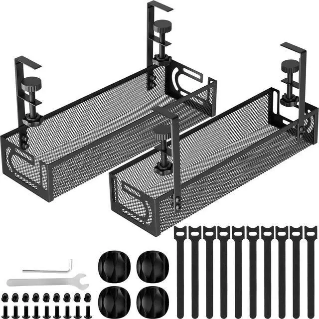 Main image of Cable Management, 2 Pack Cable Management Under Desk No Drill, Metal Cord Organizer with Clamp for Standing Desk, Cable Organizer for Home Office, Black
