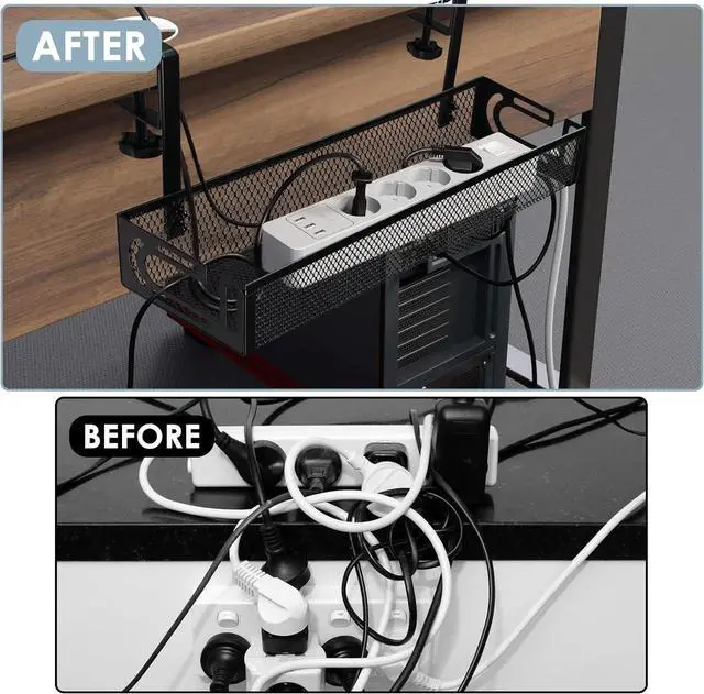 Alt view image 6 of 7 - Cable Management, 2 Pack Cable Management Under Desk No Drill, Metal Cord Organizer with Clamp for Standing Desk, Cable Organizer for Home Office, Black