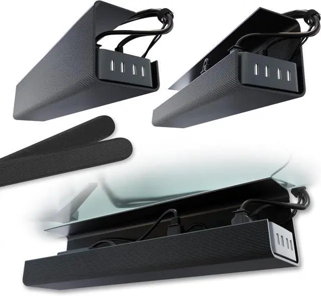 Main image of No-Screw Under Desk Cable Management Tray - Self-Adhesive Installation, Cord Management, Cable Tray, Under Desk Wire Organizer - Black Set of 2