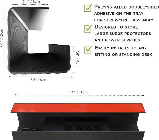 Alt view image 6 of 7 - No-Screw Under Desk Cable Management Tray - Self-Adhesive Installation, Cord Management, Cable Tray, Under Desk Wire Organizer - Black Set of 2