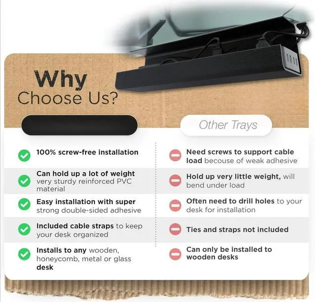 Alt view image 7 of 7 - No-Screw Under Desk Cable Management Tray - Self-Adhesive Installation, Cord Management, Cable Tray, Under Desk Wire Organizer - Black Set of 2