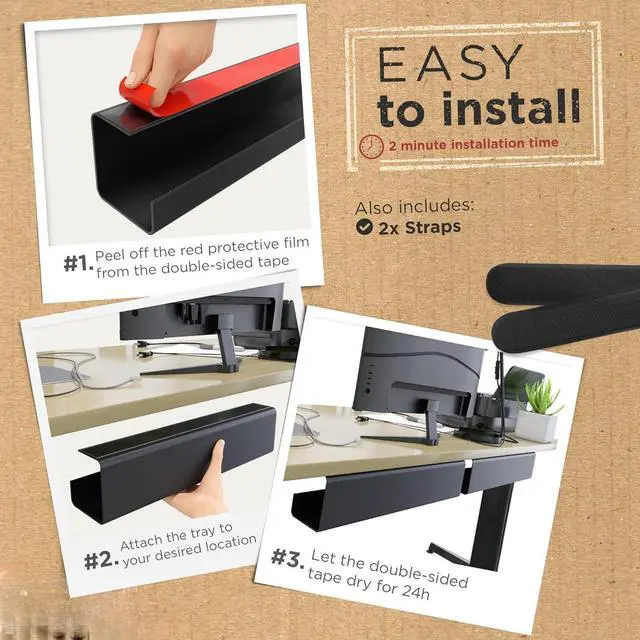 Alt view image 3 of 7 - No-Screw Under Desk Cable Management Tray - Self-Adhesive Installation, Cord Management, Cable Tray, Under Desk Wire Organizer - Black Set of 2