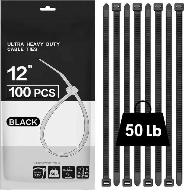 Alt view image 6 of 6 - Zip Ties 12 inch (1200 Pack), Black, 50lbs Tensile Strength, UV Resistant Cable Ties for indoor and outdoor