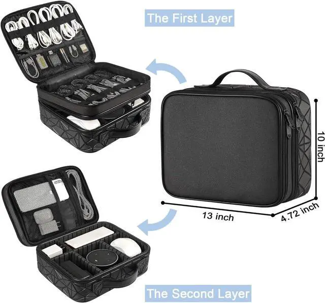 Alt view image 2 of 7 - Cord Organizer Case with Adjustable Divider, DJ Cable File Bag for DJ Gear, Sound Instrument and Music Equipment Accessories, Shockproof Portable Double Layer Cord Bags, Black