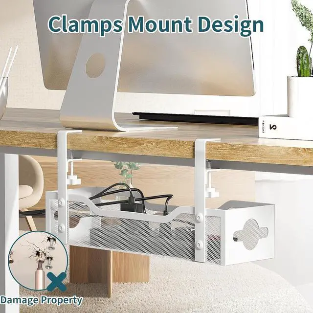 Alt view image 2 of 7 - Under Desk Cable Management Tray, No Drill, Metal Tray with Clamp for Wire Management, Cord Organizer Home Office Damage to Standing Desk, White, 13.38''