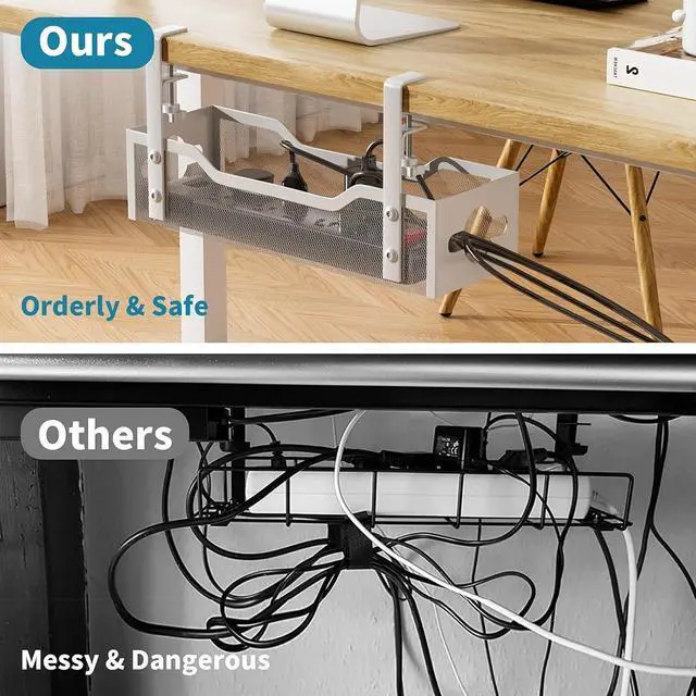 Alt view image 4 of 7 - Under Desk Cable Management Tray, No Drill, Metal Tray with Clamp for Wire Management, Cord Organizer Home Office Damage to Standing Desk, White, 13.38''