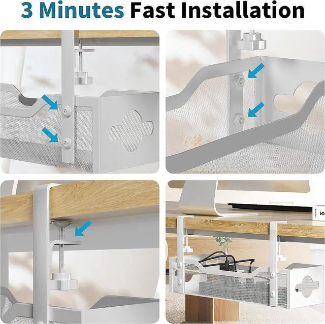 Alt view image 6 of 7 - Under Desk Cable Management Tray, No Drill, Metal Tray with Clamp for Wire Management, Cord Organizer Home Office Damage to Standing Desk, White, 13.38''
