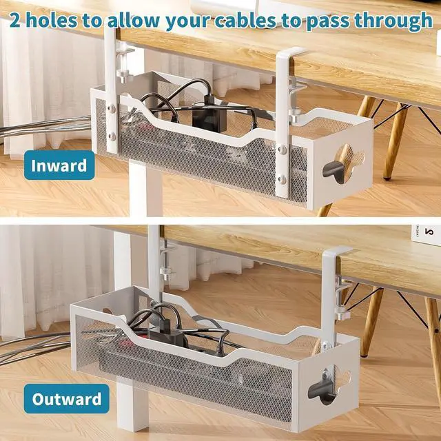 Alt view image 5 of 7 - Under Desk Cable Management Tray, No Drill, Metal Tray with Clamp for Wire Management, Cord Organizer Home Office Damage to Standing Desk, White, 13.38''