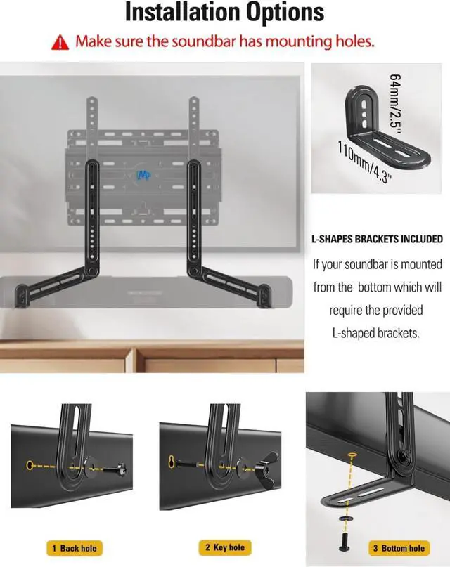 Alt view image 5 of 7 - Soundbar Mount Bracket for Mounting Above or Under TV Fits Most of Sound Bars Up to 15 Lbs, with Detachable Long Extension Plates MD5420