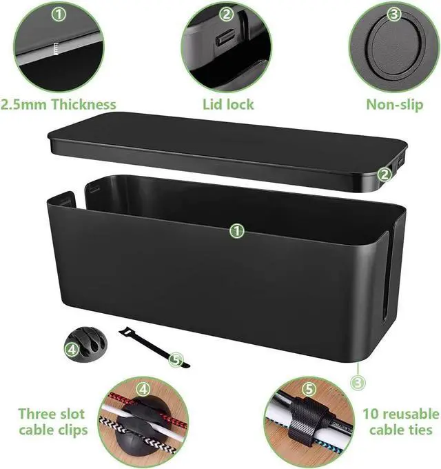 Alt view image 4 of 7 - Cable Management Box, Large Cord Organizer Box to Hide Power Strip & Under Desk,TV Computer Wires Cable Organizer Hider Box with Cable Clips&Reusable Cable Ties for Home/Office(Black)