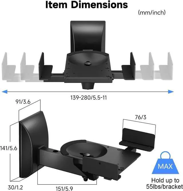 Alt view image 2 of 7 - FOR Speaker Wall Mounts, Dual Speaker Stands for Surround Sound Speakers, Universal Bracket, Tilt Swivel Shelves Up to 55lbs Black (2 Pack)