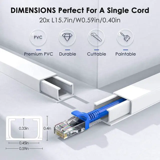 Alt view image 2 of 7 - Cable Hider, 315in Cord Covers for Wires on Wall, One-Cord Cord Hider, Paintable Wire Hiders Wire Covers for Cords, Cable Management for Hiding 1-2 Small Wires, 20x L15.7 W0.59 H0.40in, White
