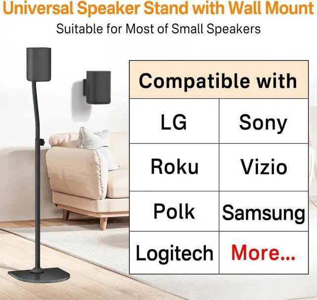 Alt view image 2 of 7 - FOR Universal Surround Sound Speaker Stands Pair Height Adjustable Extend 33" to 42" for Samsung, Vizio, Bose, LG, Roku Small Rear Speakers and Most Satellite Surround Speaker Stands with Wall Bracket