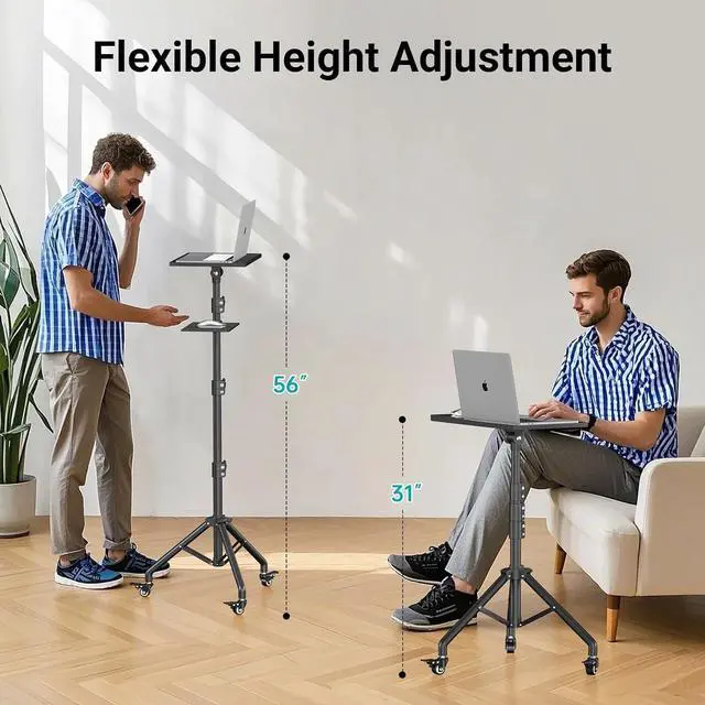 Alt view image 3 of 7 - FOR-Projector Stand Tripod on Wheels, Adjustable Height 31-56 Inches, Laptop Tripod Stand Rolling, Heavy Duty Projector Tripod Metal Construction, Multifunctional for Office & Home